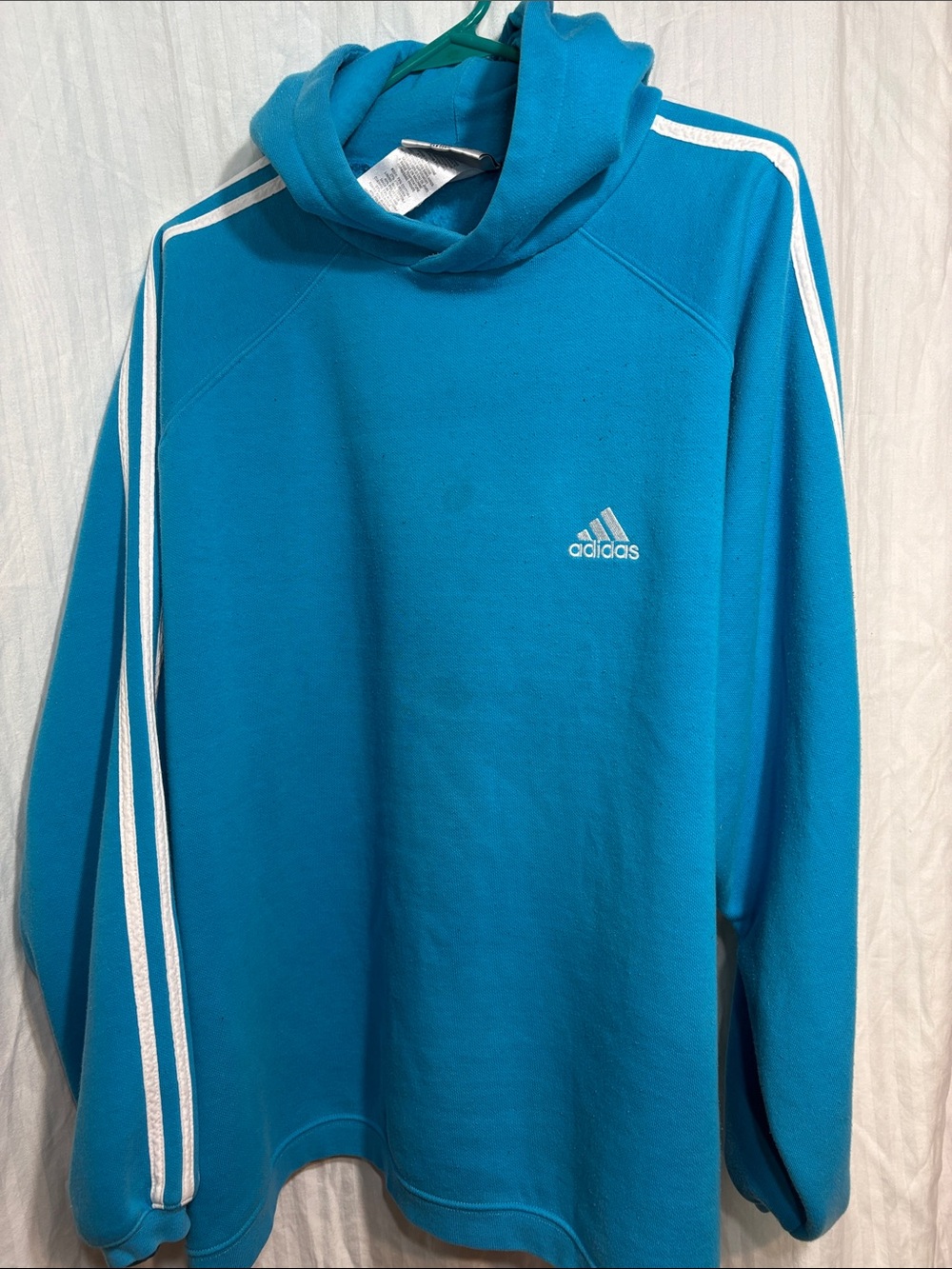 VTG 90’s adidas Bright Teal Hoodie with White Stripes